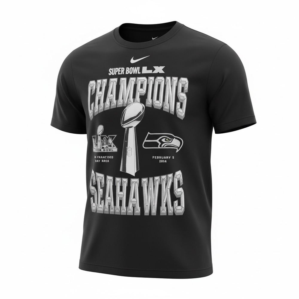 Nike Seattle Seahawks Super Bowl LX Champions T-Shirt Black Mens Small S Cotton